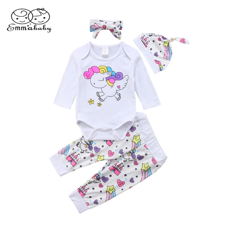 Emmababy Newborn Kids Baby Girl Cute Clothing 4Pcs Fly unicorn Romper Jumpsuit+Cartoon Print Pants+Hat+Headband Cotton Clothes