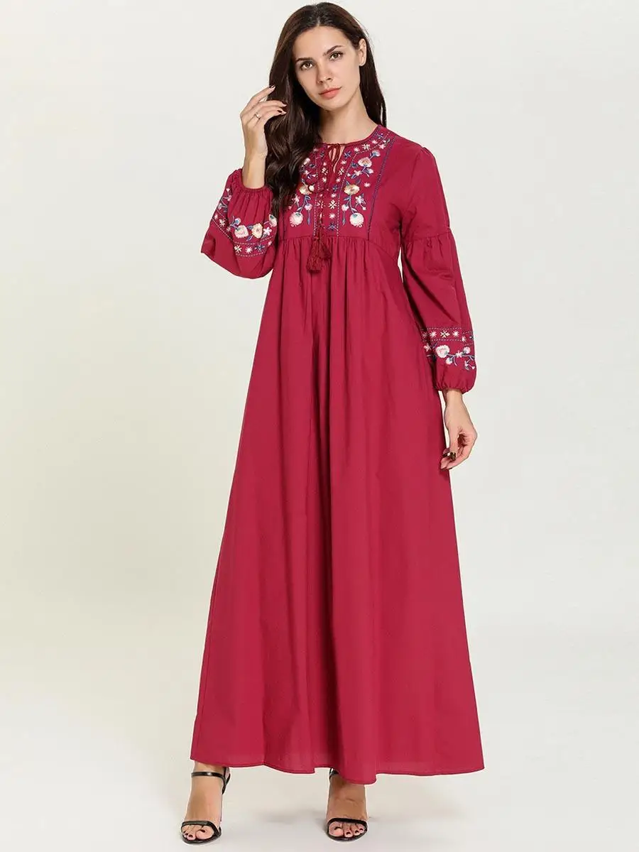 Этнические Вышивка abaya женские мусульманские платья Длинные Макси Вечерние