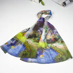 100% шелк женский шарф с изображением домика у озера Шелковый платок 2019 дизайнерский шарф женский Шелковый пашмины тонкий шёлковая