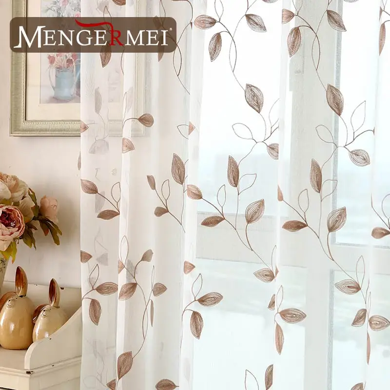 MENGERMEI Simple hojas cortina blanca bordada cortinas tul ventana tratamiento para dormitorio sala de estar XC19