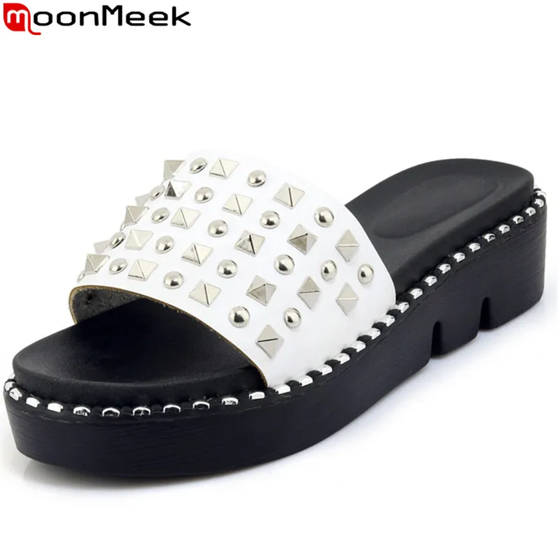 

MoonMeek 2018 fashion summer shoes woman big size 33-44 flat platform rivet women slippers casual comfortable mules shoes