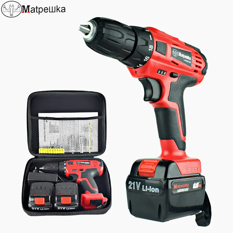 

21V Handheld Drill electric Power Tools Household Lithium Rechargeable Cordless electric Screwdriver 2 Battery +1 Bag +13 Gift