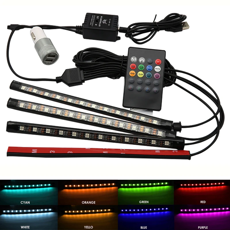 

4x 12 LED Car Interior Atmosphere Light USB RGB Auto Remote Control Floor Decorative Strip For Hyundai Tucson Solaris Creta IX35