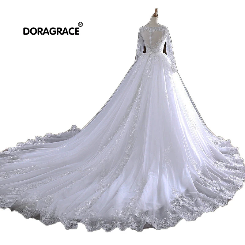 

Doragrace vestidos de noiva Applique Tulle 3/4 Sleeve Wedding Dresses Cathedral Train Wedding Gowns