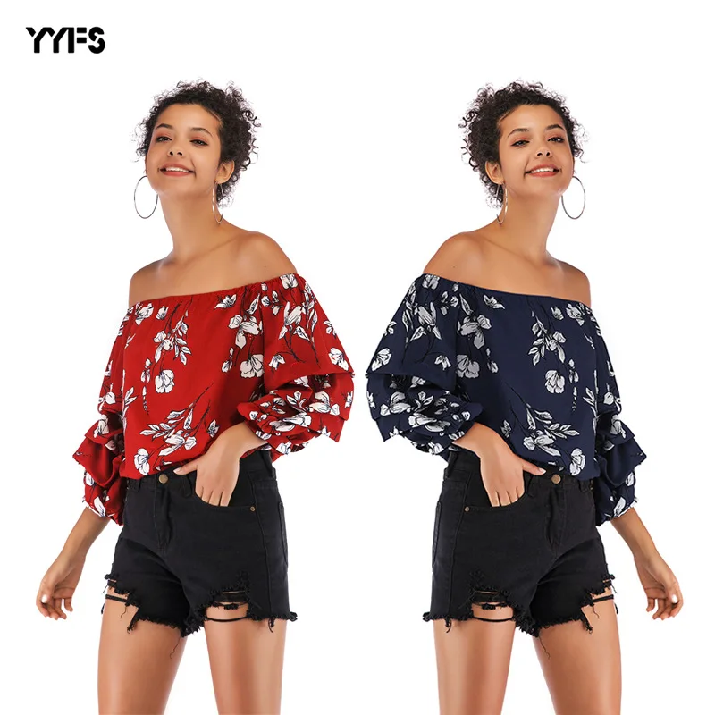 

Women Off Shoulder Floral Blouse Shirt New Sexy Tops Lady Loose Flower Print Shirt Summer Fashion 3/4 Sleeve Slash Neck Clothes