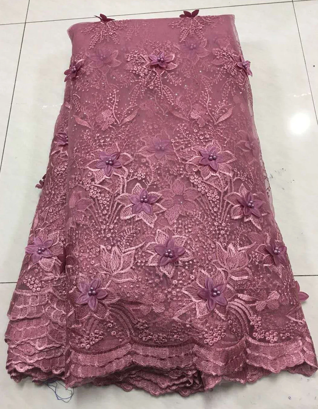 

3D Flower High Quality Lace Fabric, African Lace Fabric Blush Pink, Applique Embroidery Lace Fabric for Dresses ZA35-21