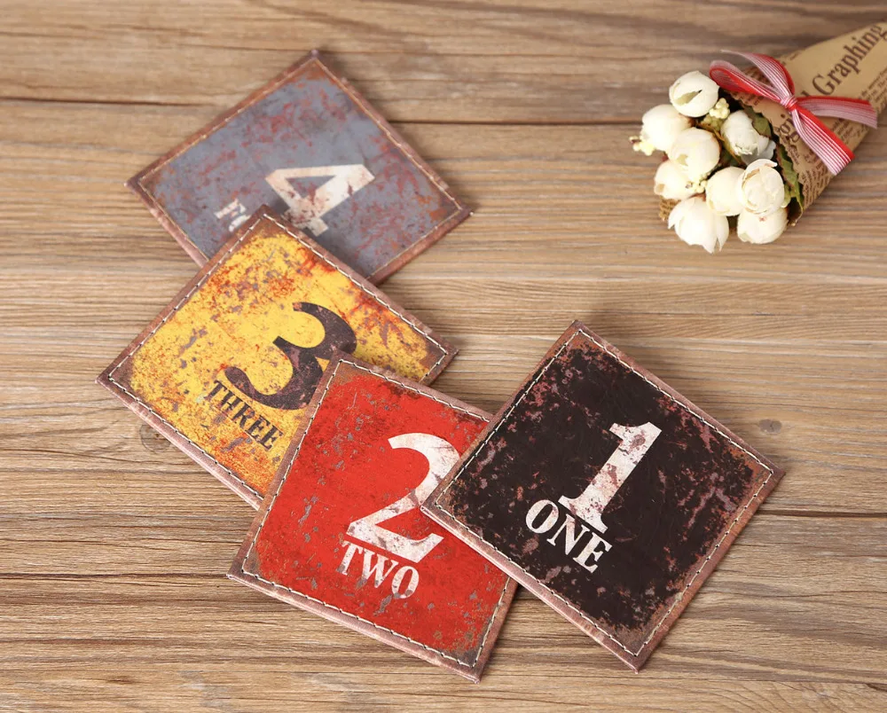 

LINKWELL Set of 4 10x10cm Vintage Colourful Number Figure Black One PU Leather Bar Coaster Table Cup Holder Drink Placemat Mat