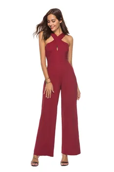 

2019 Summer Women Sexy Solid Sleeveless Wide Leg Jumpsuits Loose Party Wrapped Cross Embellished Long Rompers