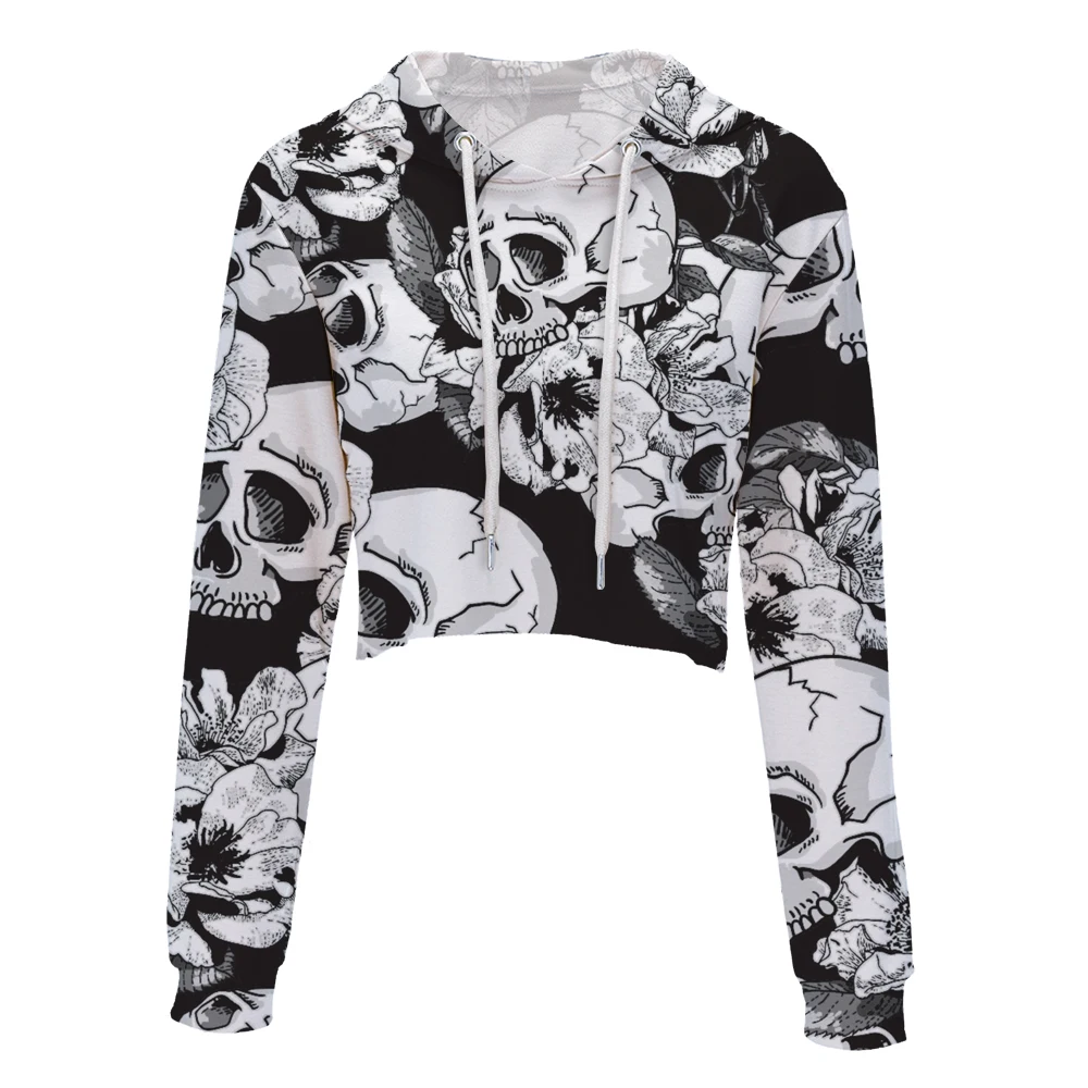 crop top women harajuku Fashion Casual Loose black skull