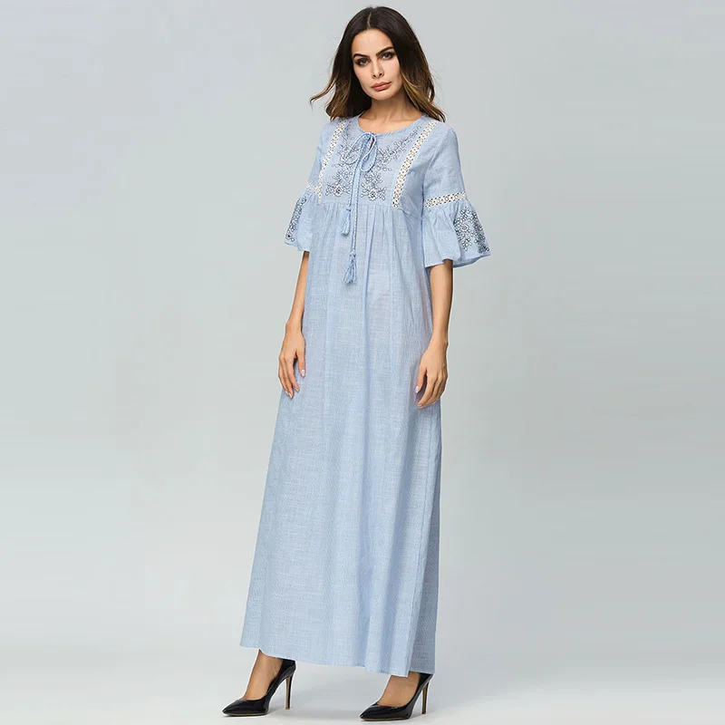 ShejoinSheenjoy Half Flare Sleeve Embroidery A-Line Ladies Party Dresses O-Neck Tassel Bow Hollow Out Sexy Women Long Dress (5)