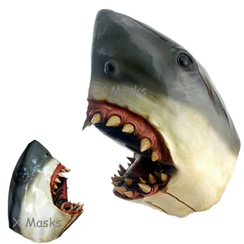 

Bapa Great White Shark Jaws Mask Bloody Halloween Latex Full Masks Horror Animal Overhead Bruce Prank eater Land shark