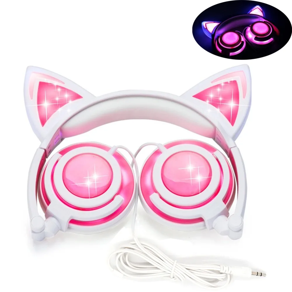 USB кошачий наушник, модный светодиодный наушник, мигающая светящаяся гарнитура, игровые наушники для девочек, детские складные кошачьи наушники