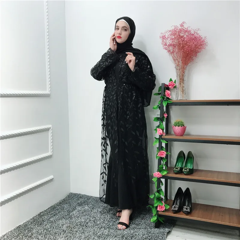 Роскошная мусульманская вышивка abaya длинные платья кардиган-кимоно открытые длинные халаты Jubah Ближний Восток Eid Рамадан исламский - Цвет: black cardigan