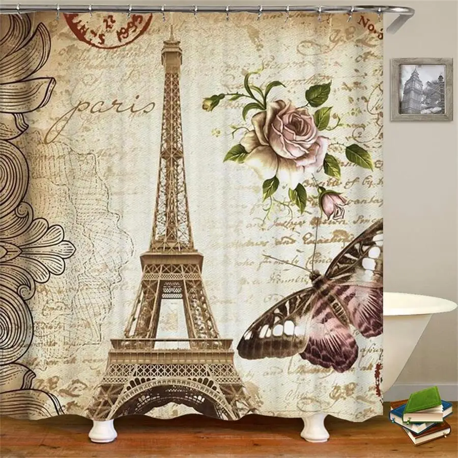 Vintage Paris Eiffel Tower Shower Curtain Butterfly and Flower Design