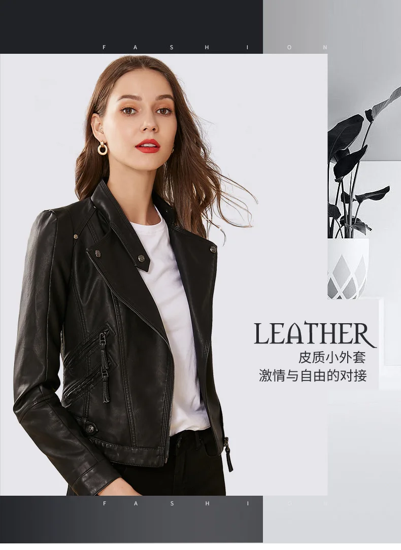 Fashion Solid Women Faux Leather Jacket Turn-down Collar Slim Jackets and Coats Office Lady Motorcycle Overcoat