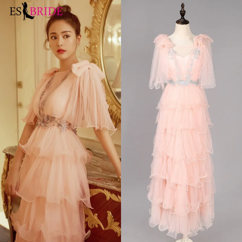 

2019 New Ladies Long Evening Dress Pink Women Elegant Cake Dress Lace Slive Appliques Formal Party Gowns Robe De Soiree ES1950