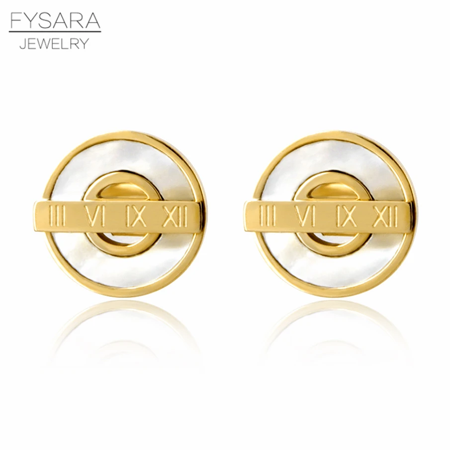 

FYSARA 2019 New Natural Shell Round Earrings Jewelry Roman Numeral Rose Gold Stud Earrings Female Stainless Steel Bijoux Gift