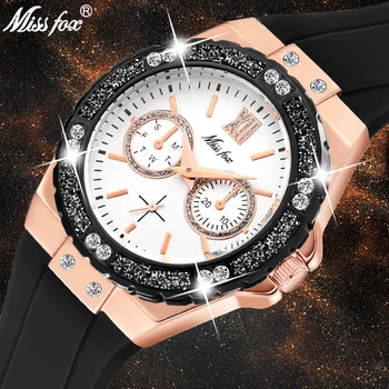 MISSFOX Women Quartz Watch Fashion Luxury Brand Rose Gold Bling Ladies Watch Diamond Black Rubber Band Female Clock Xfcs 2020 women bracelet watch luxury brand women dress watch rose gold steel mesh female watch rhinestone diamond black clock relojs xfcs