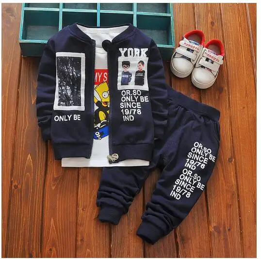 

Boys 3PCS Pant Sets 100% Cotton 2017 Autumn Cartoons Letters Coat+T-shirts Casual Outfits Kids Sports Suits CHildren's Clothes