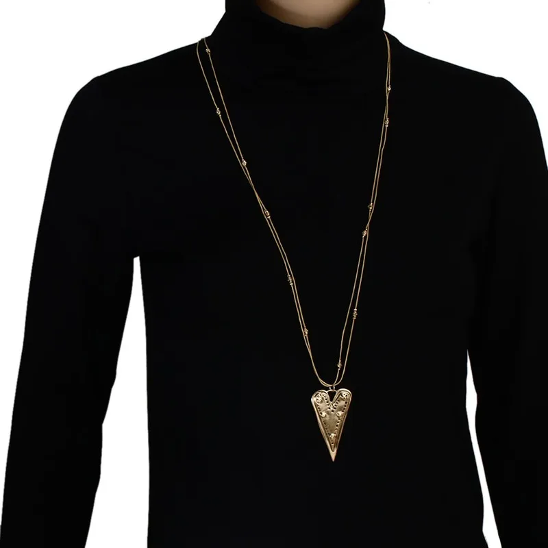 Shineland, винтажное длинное массивное ожерелье, античное золото/серебро, два слоя, в форме сердца, цепочка на свитер, для женщин, модное ювелирное изделие