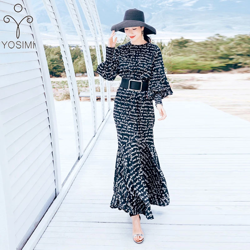 

YOSIMI 2019 Autumn Long Women Dress Trumpet Maxi Print Long Dress Mermaid O-neck Full Sleeve Vestido Verano Runway Gothic Sashes