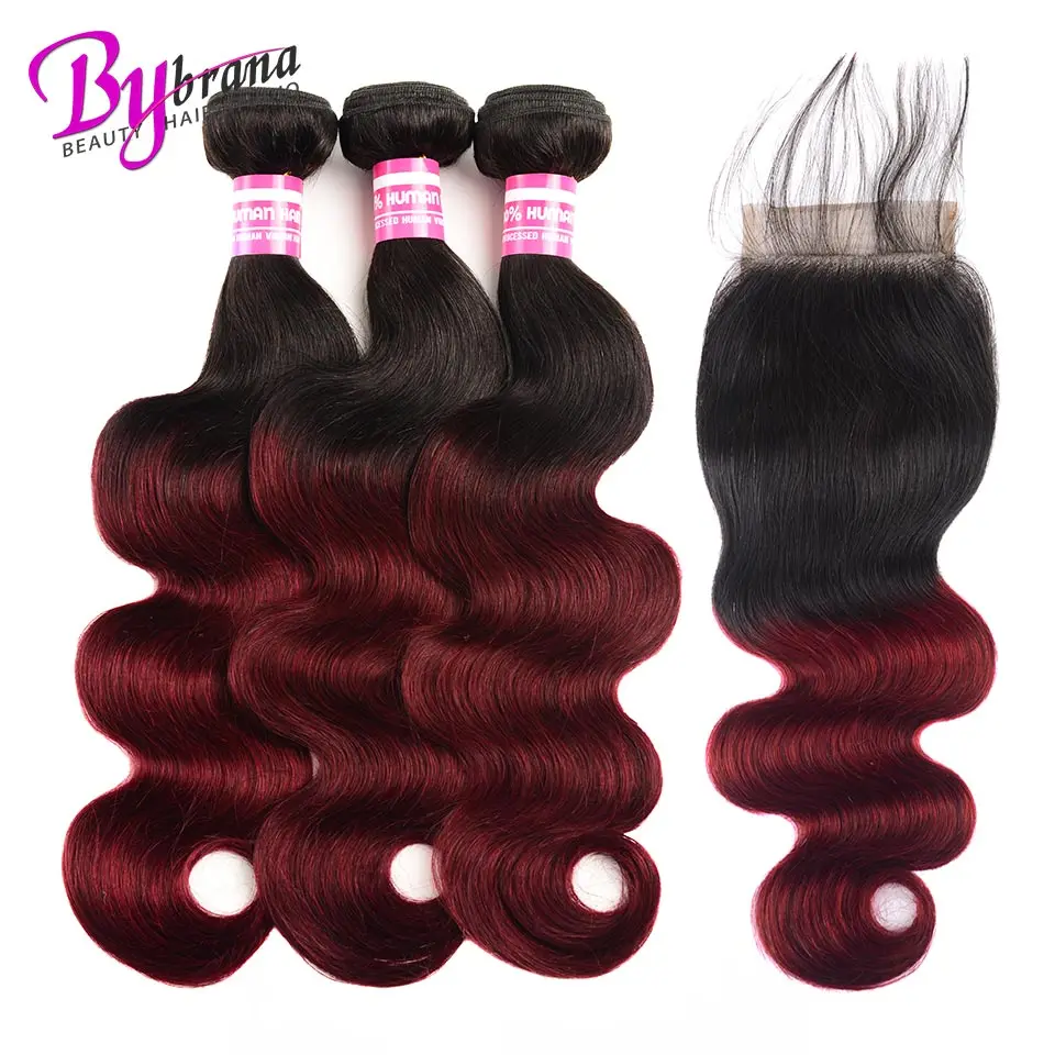 

Body Hair Bundles With Closure T1B/Burgundy 100% Ombre Brazilian Remy Human Hair Extension Bybrana Free shipping