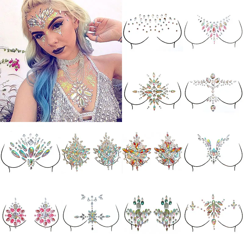 12 Styles Festival Adhesive Gems Sticker Body Art Sticky Face Chest  Jewel Crystal Gems Party Makeup Stickers Shellhard