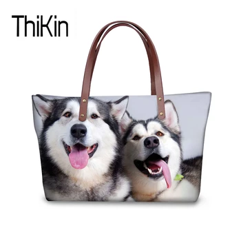 

THIKIN Fashion Handbag Casual Women Bags Siberian Husky Printing Ladies Handbags Large Shoulder Bags Animal Top-handle Bag New