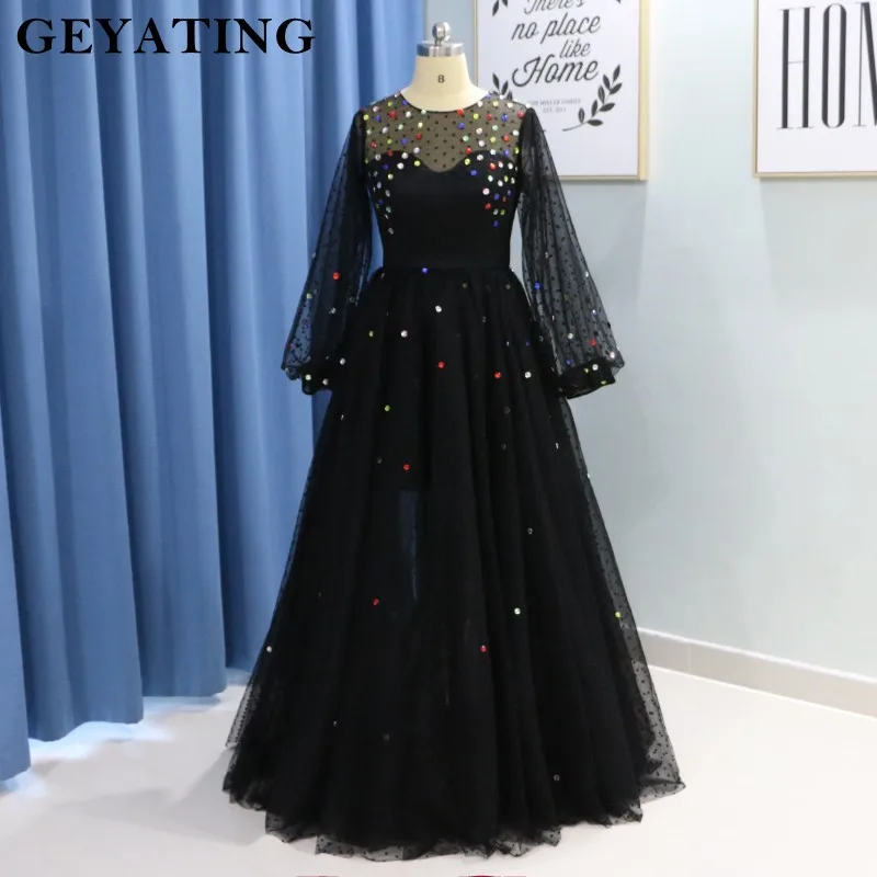 Арабское черное платье в горошек из тюля с кристаллами и длинными рукавами, Дубай, вечерние платья, элегантные женские вечерние платья больших размеров, длинное платье для выпускного вечера - Цвет: Черный