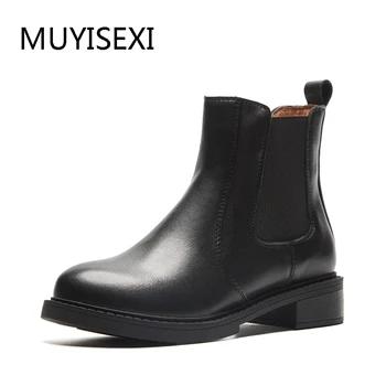 

Chelsea Boots Black Women Genuine Leather Winter Boots Women Winter Shoes Flat Platform Ankle Boots AM08 MUYISEXI