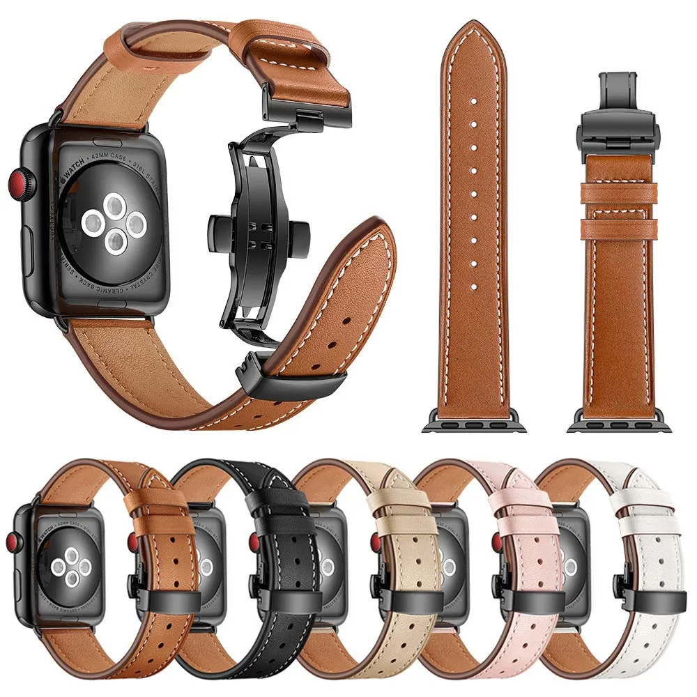 

Men/Women Genuine Leather Strap For Apple Watch Band 42/38/44/40mm High Quality Butterfly Buckle Bracelet Series 5 4 3 2 1