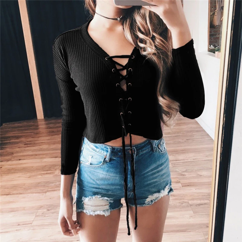 

2018 Sweater Women Pullover Knitted Crop Long Sleeve Lace Up Pit Strip Pullover Mujer Casual Solid Sexy Spring Sweater Women