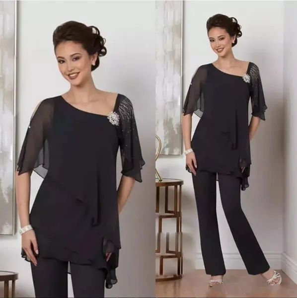 Modest Black Two Pieces Mother Of The Bride Pant Suits With Half Sleeves Beaded Wedding Guest Dresses Chiffon Plus Size Formal Dress
