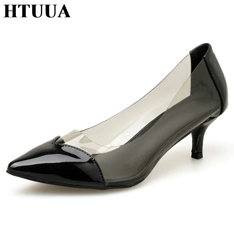 

HTUUA 2019 Fashion Elegant Transparent PVC Women Pumps Pointed Toe Stiletto Patent Leather High Heels Work Office Shoes SX2605
