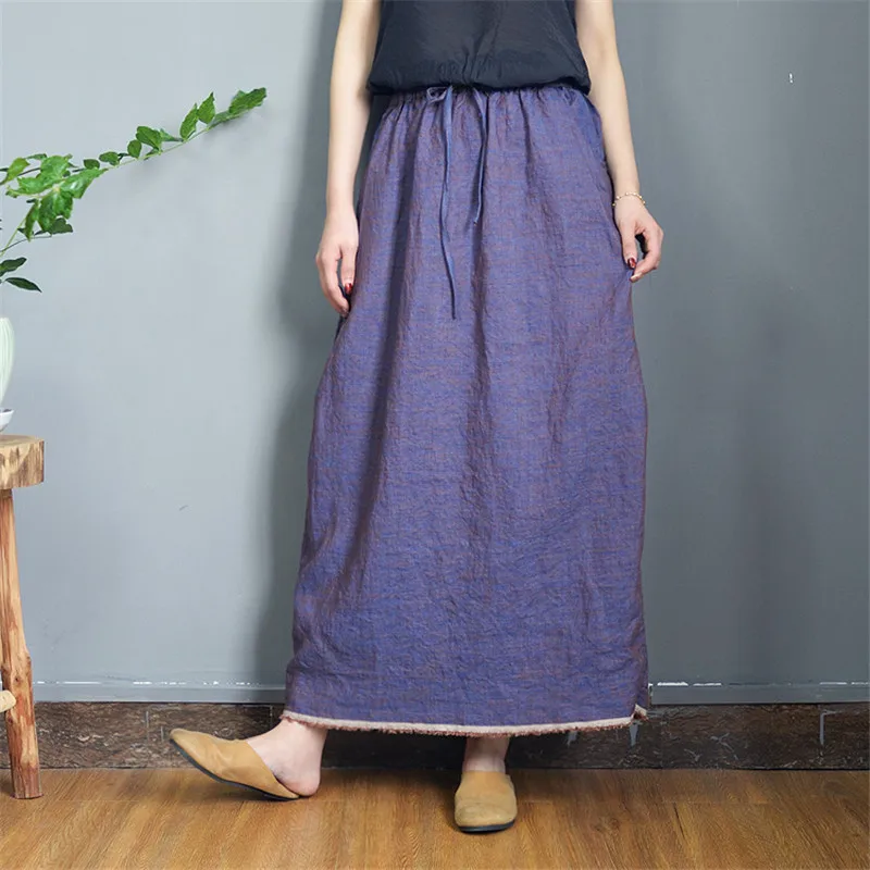 

SCUWLINEN 2019 Spring Summer Women Skirt Vintage Elastic Waist Drawstring Loose All-match Long Linen Skirts Zen Saias S875