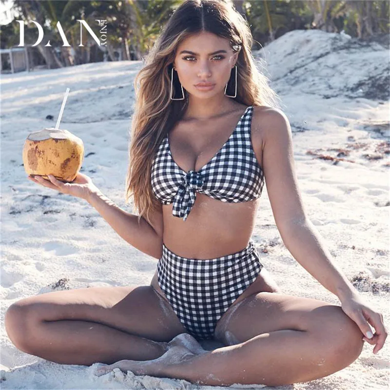 

DANENJOY 2019 New Bikini Chest Pad Gather Solid Color Female Swimsuit Split Knotted Lattice Swimsuit High Waist Plaid Beachwear