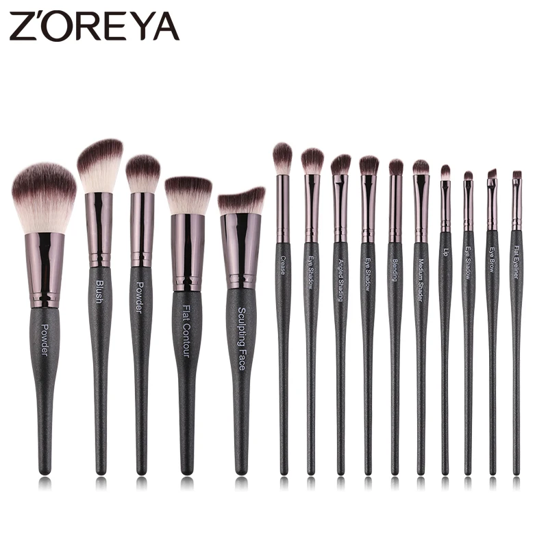 Zoreya бренд Высокое качество 15 шт. синтетические волосы кисти для макияжа Тени для век Пудра губы складки Кисти Набор