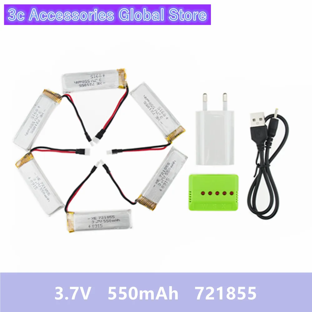 

6pcs 3.7v 550mah Lipo battery For Wltoys V977 V930 V988 Batteries Q282G JJRC H37 XK K110 Charger With Plug Spare Part Set