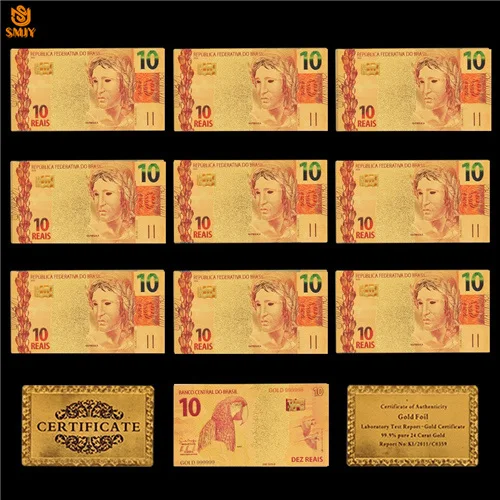 10 шт/партия хорошее Бразильское золото валю10 Reais валютная бумага красочная 24 k позолоченная копия денег коллекция и подарки - Цвет: 10 Reals