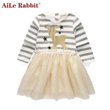 AiLe Rabbit/Новое Осеннее Брендовое платье для девочек платье в полоску с длинными рукавами, с рисунком оленя и звезды детская повседневная одежда с принтом k1