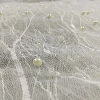 

3 Yards/lot Off white and Grey in stock net tulle mesh fabric with pearls 2018 NEW hot beading lace for women dresses diy making