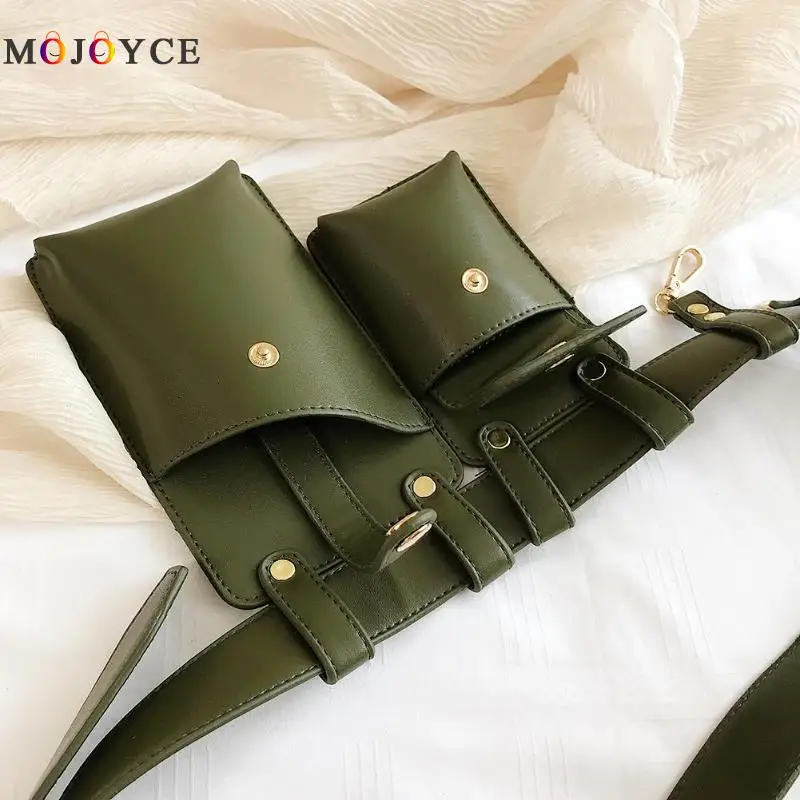 Punk Style Dual Pouch Women Belt Bag Keychain PU Leather Waist Bags Fashion Fanny Pack