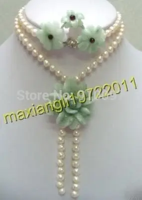 

LHX5401S>Beautiful white freshwater pearl jade Flower Necklace Earrings Ring Set