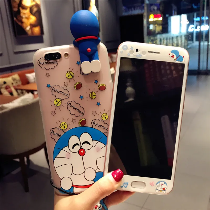 3D Doraemon case For iPhone 8 /8 Plus cute Tempered Glass for 7 plus /7 6 6s doll clear cover cartoon color film +rope |