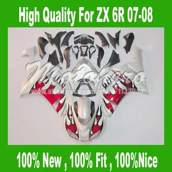 

NINJA ZX-6R 07 fairings FOR Kawasaki ZX 6R 07 08 Ninja ZX6R 636 07 08 ZX 6R 2007 2008 fairing kits silver red #33E4 Freecustom