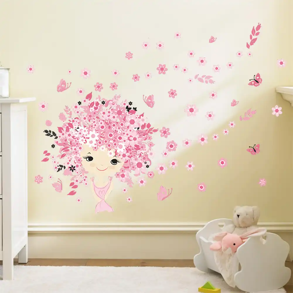 Flower Flower Fairy Pink Cute Baby Girl Mermaid Butterfly Home Decor Wall Sticker For Girls Baby Kids Room Wall Art Diy Poster