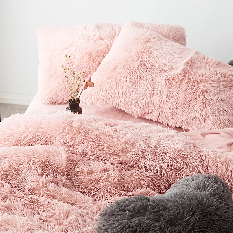 Pink Blue White Gray Red Purple Green Winter Thick Fleece Bedding Set Mink Velvet Duvet Cover Bed Linen Fitted Sheet Pillowcases
