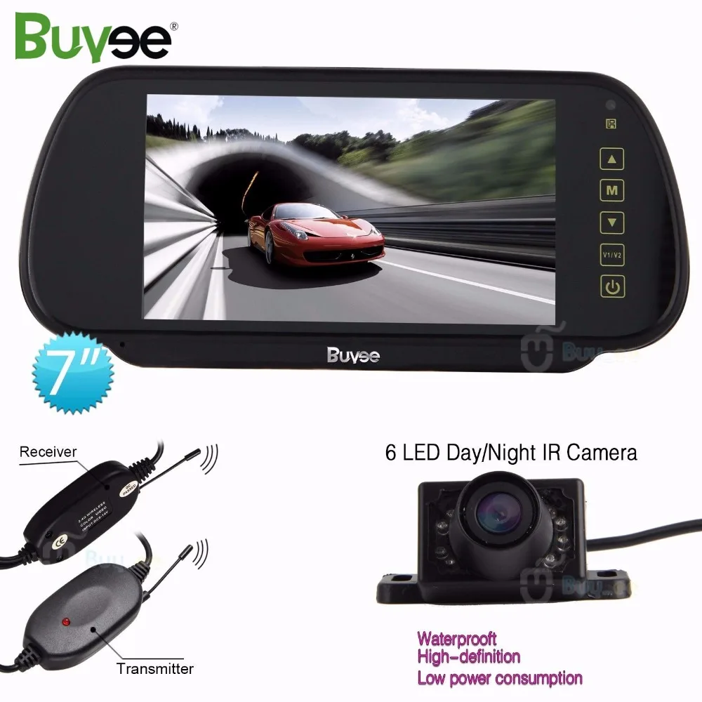 

Buyee 7'' TFT LCD Rearview display Car Mirror Monitor with camera 6 LED IR Car Reverse Parking Camera Vehicle cam wireless kit