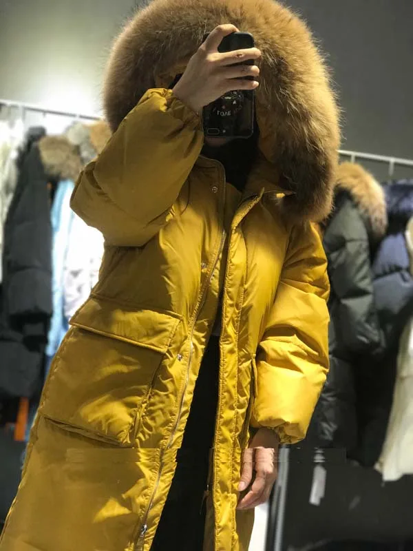 Женское пальто и куртка на утином пуху, женская зимняя одежда, толстая и теплая с большим капюшоном из меха енота, черный, желтый, белый
