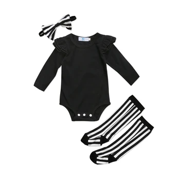 

3Pcs Fashion Toddler Baby Girl Cotton Clothes Solid Long sleeve O-neck Top Romper + Striped Socks + Headband Outfits Set